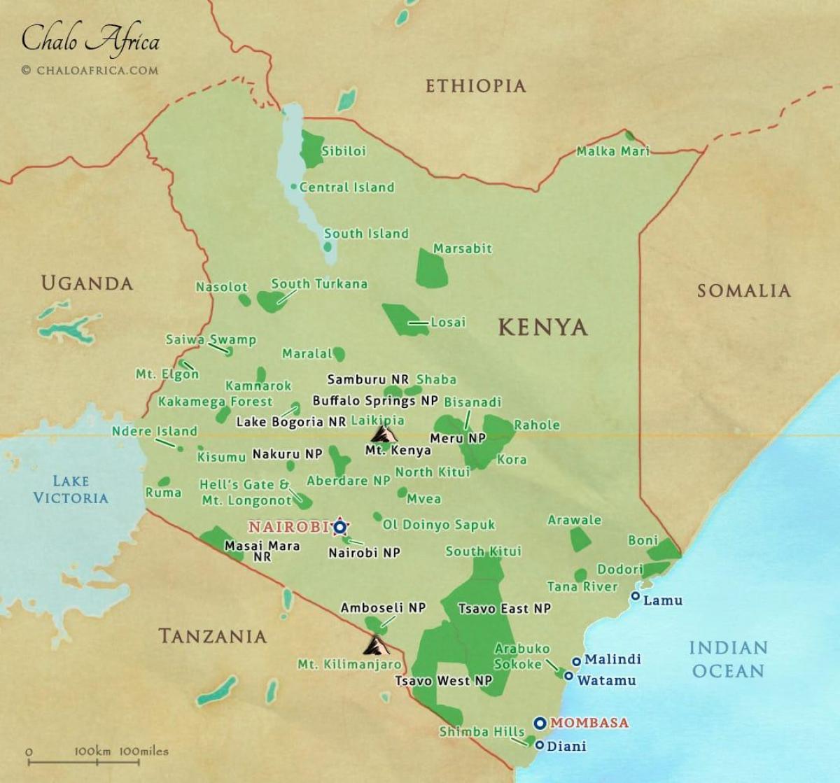 žemėlapis Kenijos nacionalinių parkų ir rezervatų